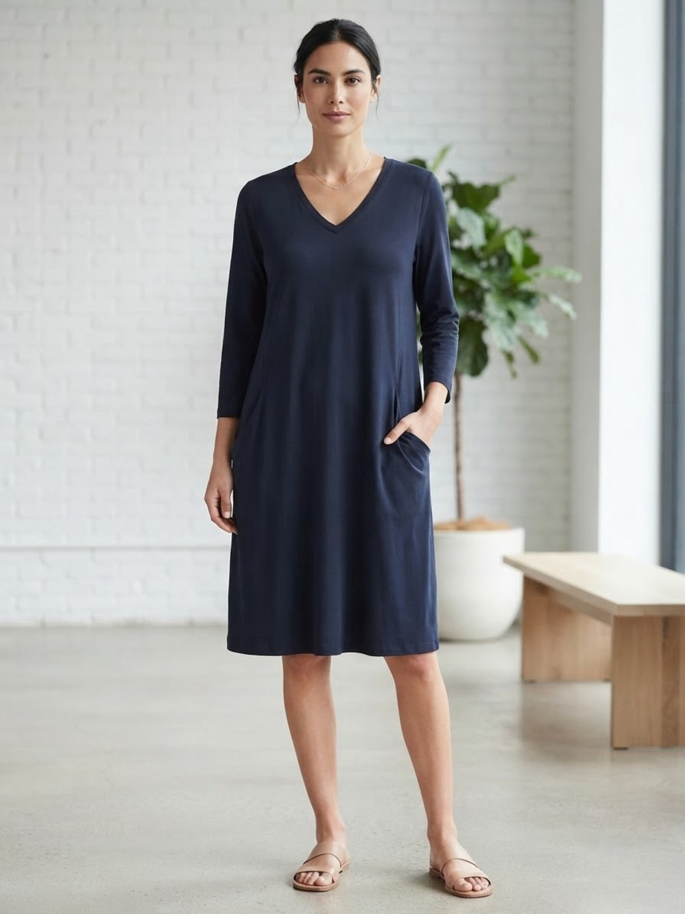 Eileen Fisher Deep Navy V-Neck Midi Dress with Pockets NWT
